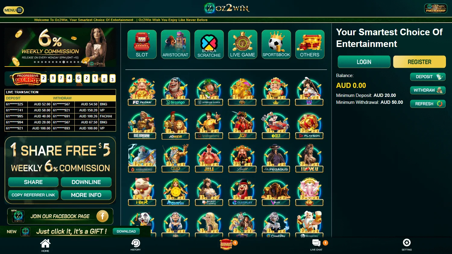 Oz2win Casino games screen on a desktop browser