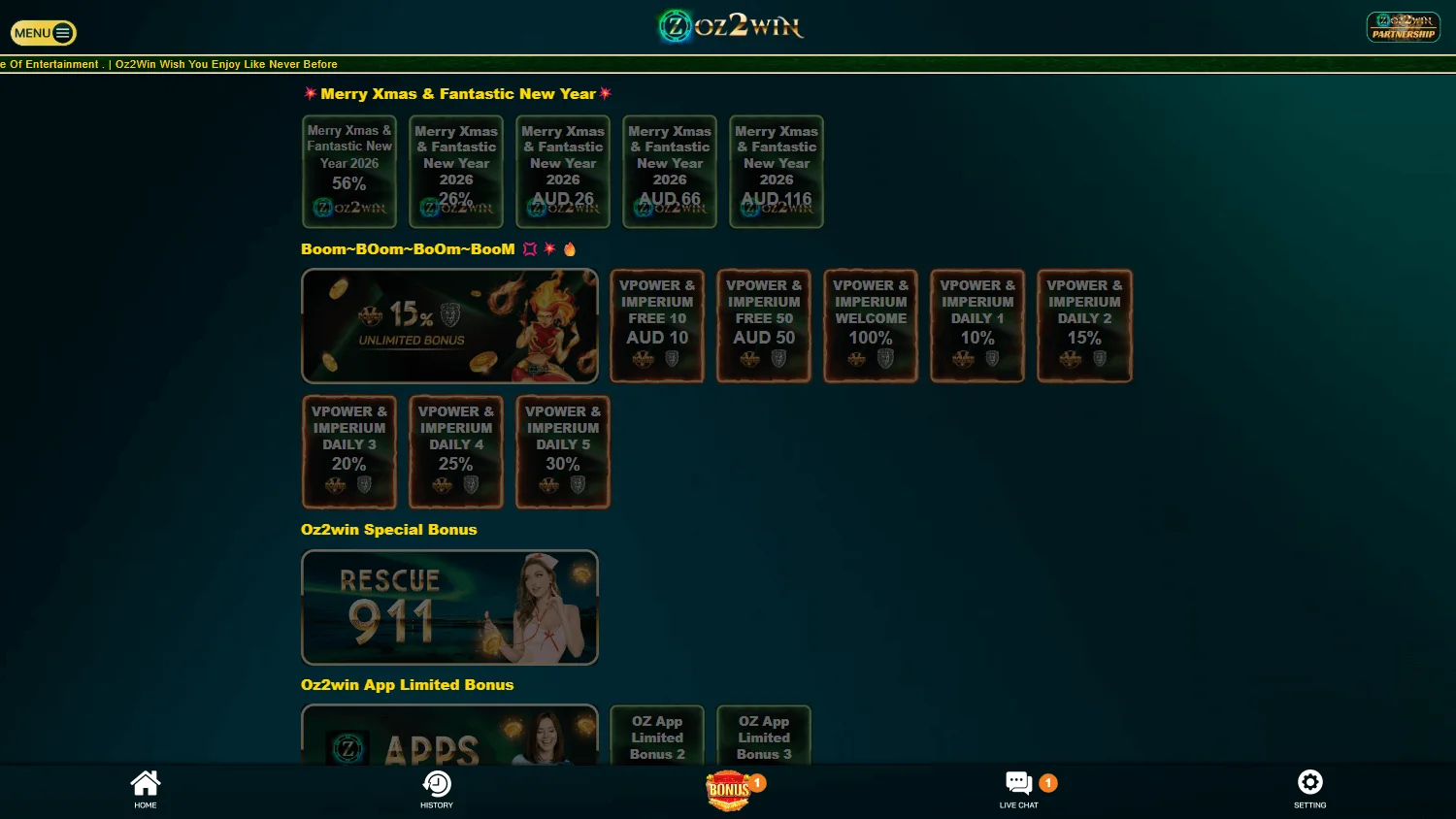Oz2win Casino promotions screen on a desktop browser