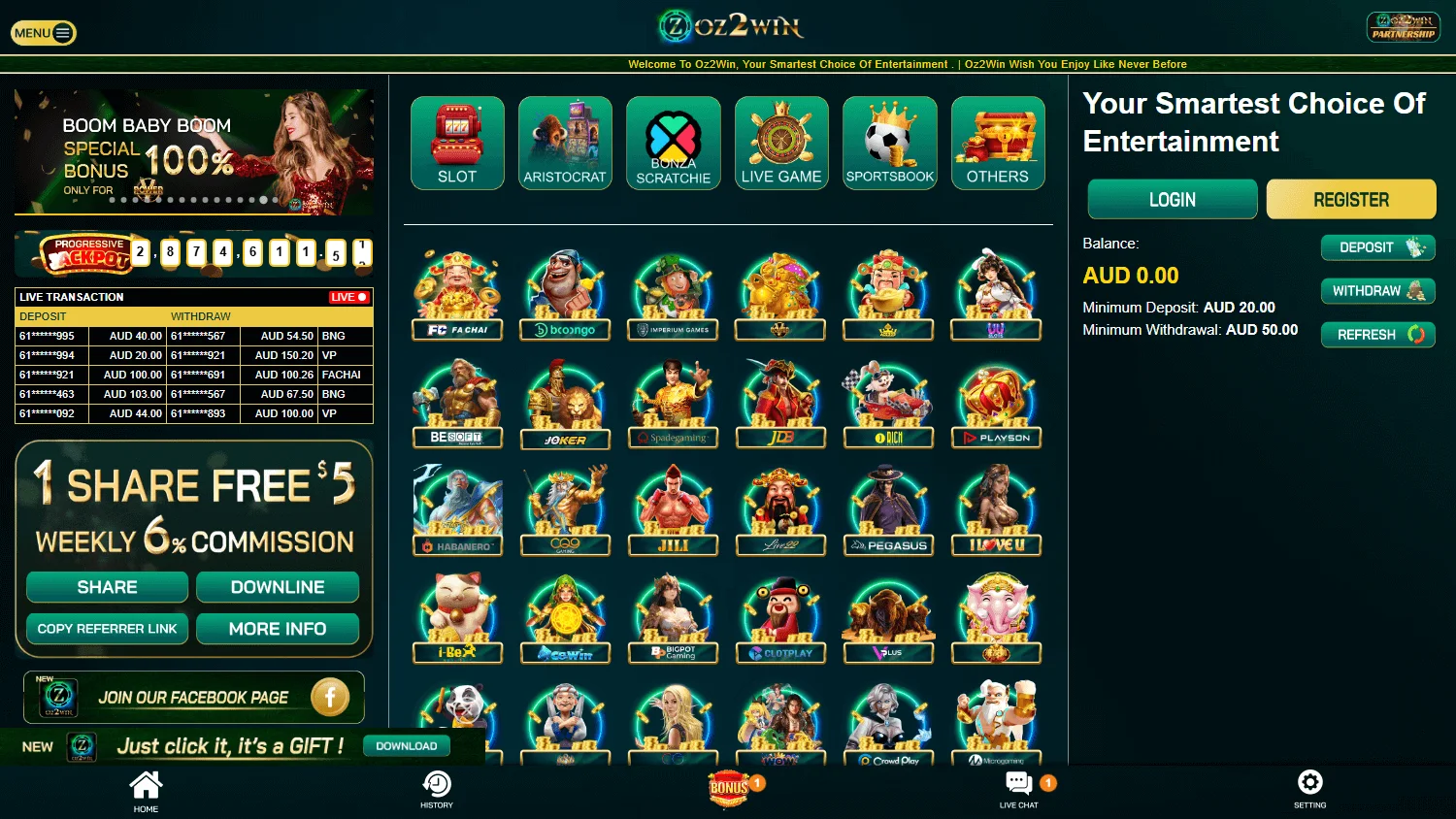 Oz2win Casino home screen on a desktop browser