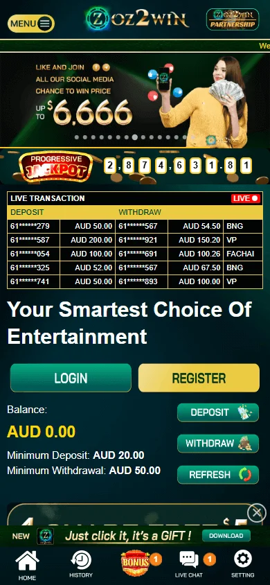 Oz2win Casino home screen on a mobile browser