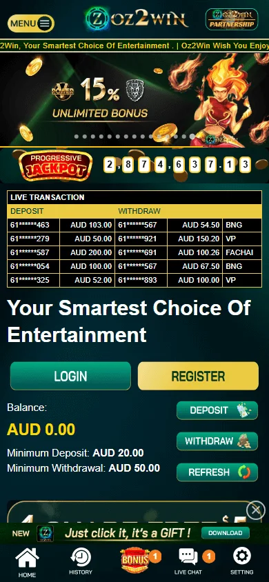 Oz2win Casino games screen on a mobile browser